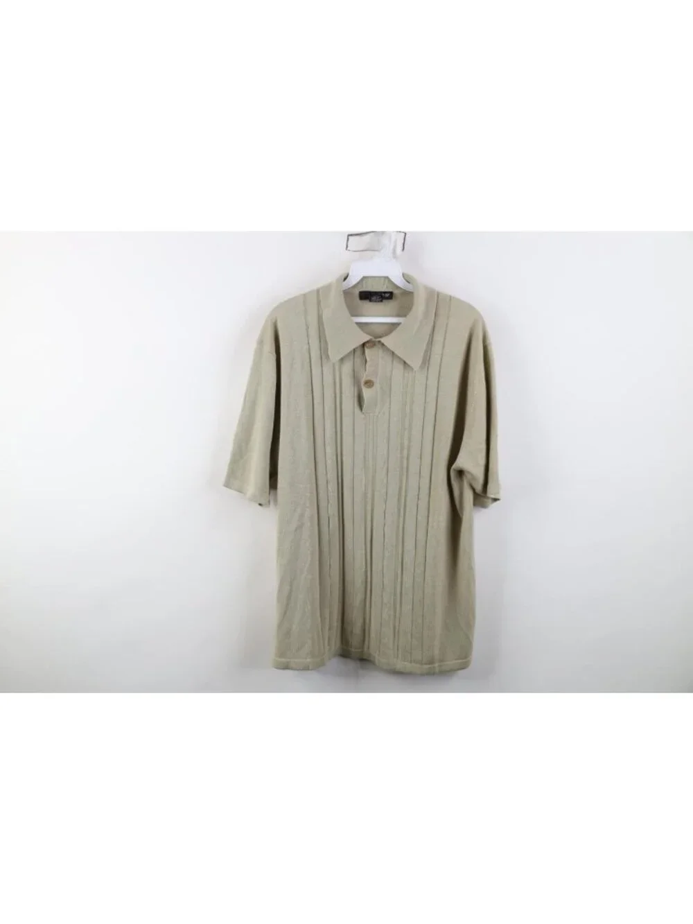 Vintage 90s Streetwear Mens Large Blank Ribbed Knit Collared Polo Shirt Beige